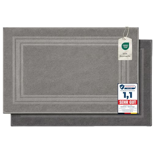 Komfortec Bath Mat Set, 2 Pieces, Terry Cloth Shower Mat, Washable Shower Mat & Bath Mat, 600 g/m² & 100% Cotton, Absorbent & Quick Drying, 50 x 70 cm, Anthracite Grey/Silver