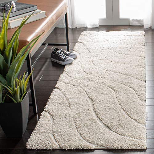 SAFAVIEH Shag Rug for Living Room, Dining Room, Bedroom - Florida Shag Collection, High Pile, in Cream, 91 X 152 cm