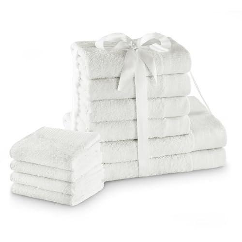 AmeliaHome Set 10pcs 4 Guest Towels 30x50 cm, 4 Towels 50x100 cm and 2 Bath Towels 70x140 cm 100% Cotton Absorbent White Amari