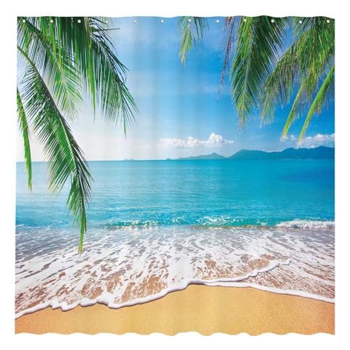 Allenjoy Tropical Beach Shower Curtain Summer Seaside Scene Ocean Island Palm Tree Bathroom Decorations Curtain Durable Bathtub Showers Decor with 12 Hooks 72x72 Inch