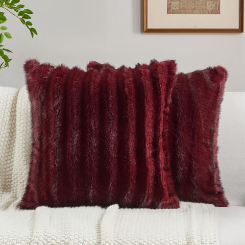FUTEI Burgundy Decorative Throw Pillow Covers 18x18 Inch Set of 2,Soft Fluffy Faux Rabbit Fur Dyeing Striped Textured Cushion Case,Modern Home Decor for Couch Bed Living Room