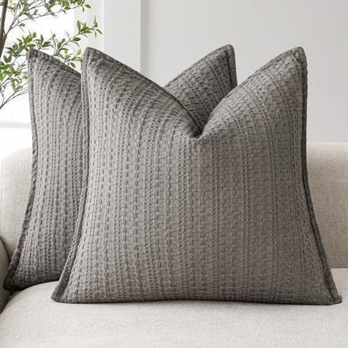 Foindtower Set of 2 Decorative Cotton Waffle Weave Throw Pillow Covers Euro Shams Cushion Covers Accent European Pillowcase for Bed Couch Sofa Bedroom Living Room Home Decor 22??22 Inch Taupe Gray