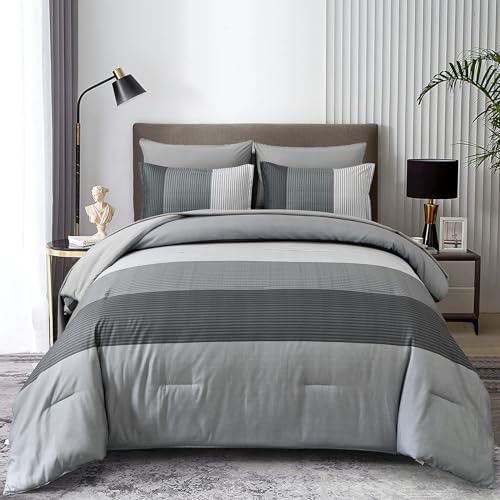 Anibedding Grey Comforter Set Full Size 7 Pieces, Ombre Striped Bed in a Bag with Sheet Sheet, Boho Patchwork Down Alternative Comforter Bedding Set for All Season ???78''x90''