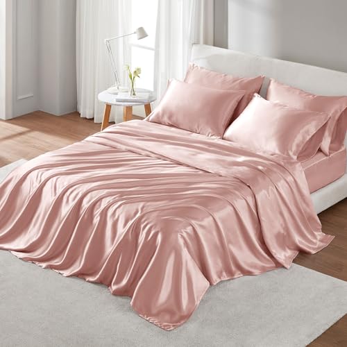 "Madison Park Essentials Satin Sheets Queen Size, Luxurious Silky Satin Bed Sheets, Elastic 14"" Pocket fits up to 16"" Mattress, Wrinkle-Free, Soft Satin Bed Sheet Set, Blush 6 Piece"