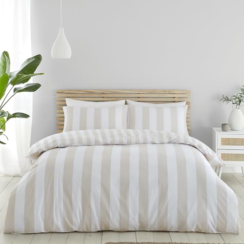 Catherine Lansfield Cove Stripe Reversible King Duvet Cover Set with Pillowcases Natural