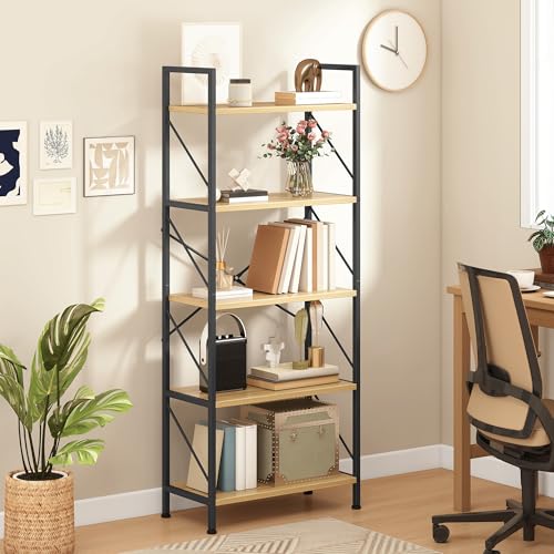 DWVO 5 Tiers Book Shelf, Wood and Metal Bookcase Storage Organizer, Industrial Bookshelf Tall Shelving Unit Display Rack for Living Room Kitchen Bedroom, Black Book Rack