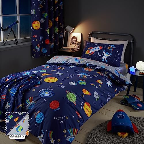 Catherine Lansfield Lost In Space Reversible Double Duvet Cover Set with Pillowcases Blue