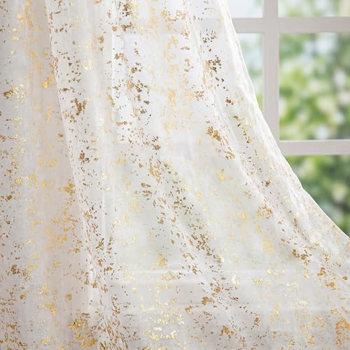"Horaldaily White Sheer Curtains for Living Room and Bedroom,Gold Sequin Glitter Metallic Foil, Scenery Light Filtering Window Curtains, 52"" W x 72"" L, Set of 2 Curtain Panels"