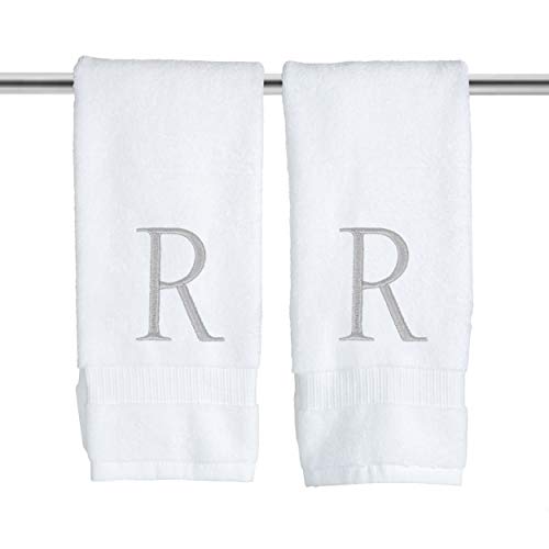 White with Silver Monogrammed Hand Towels for Bathroom - Set of 2 Letter R - Luxury Hotel Quality Initial Towels For Powder Room, Spa, GOTS Organic Certified