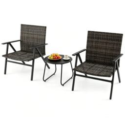 RELAX4LIFE 3-Piece Rattan Garden Furniture Set, Outdoor Conversation Sets with Coffee Table and 2 Wicker Armchairs, Metal Dining Set for Patio Conservatory Lounge Backyard Poolside