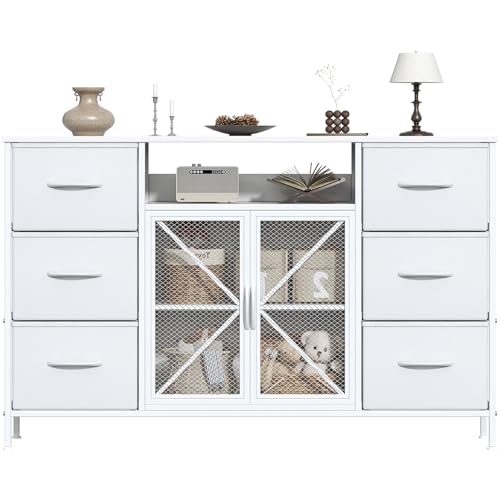 Feonase Chest of Drawers with 6 Drawers& Mesh Doors,Bedroom Drawers, Fabric Dresser with Wood Top,TV Stand Storage Unit for Bedroom, Living room(White)