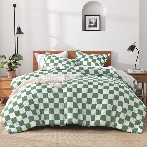 Andency Checkered Comforter Full, Green White Gingham Plaid Bedding Set - 3 Pieces Bed Set for Teen Boys Girls Kids, Lightweight Grid Buffalo Plaid Geometric Reversible Preppy as Gift(79x90Inch)