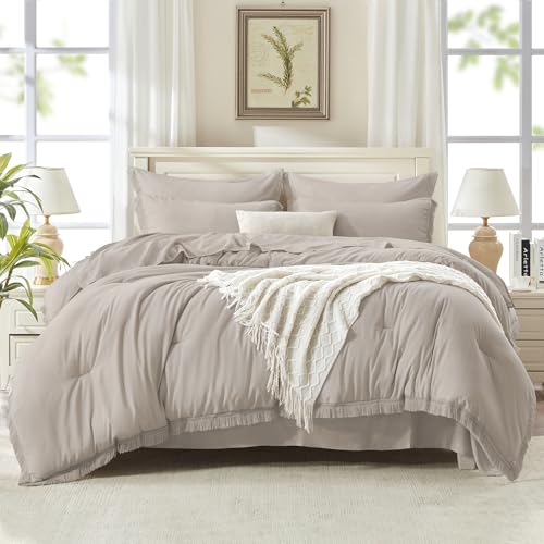 Andency Full Size Comforter Set Heather Grey -7 Pieces Boho Tassel Bed in a Bag Soft Lightweight Bedding Sets, Rust Fringe All Season Bed Set with Comforter, Sheets, Pillowcases & Shams