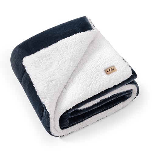 UGG 35987 Nita Warm Soft Reversible Boho Throw Blanket Thick Chunky Luxury Preppy Fluffy Cozy Plush Hypoallergenic Down Alternative Fill Machine Washable Throw for Couch and Bed, 50 x 70-Inch, Navy