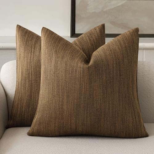 Foindtower Set of 2 Decorative Textured Burlap Linen Throw Pillow Covers Farmhouse Boho Cushion Cover Solid Accent Pillowcase for Couch Sofa Bed Living Room Home Decor,20??20 Inch,Golden Brown