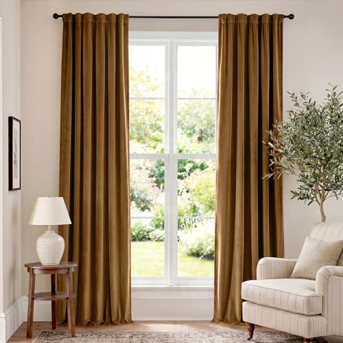 "Lazzzy Velvet Blackout Curtains Thermal Insulated Room Window Drapes Super Soft Luxury Curtains for Living Room Bedroom Rod Pocket 2 Panels, Gold Brown, 52"" W x 102"" L"