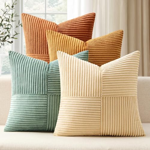 ANRODUO Pack of 4 Decorative Couch Throw Pillow Covers 16x16 Inch Orange Teal Boho Cozy Soft Corduroy Cushion Covers Farmhouse Accent Pillowcases for Mid Century Modern Home Decor Sofa Living Room