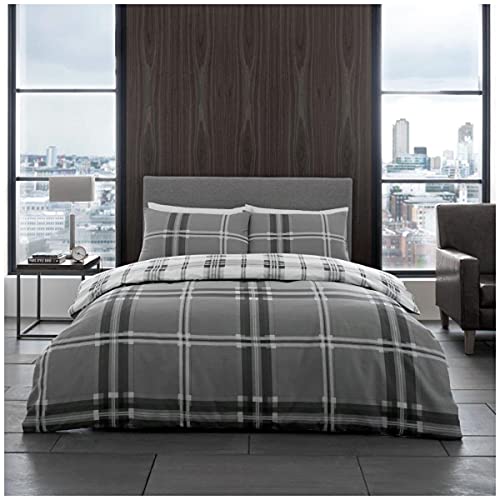 GC GAVENO CAVAILIA Reversible Check Bedding Set Easy Care Poly Cotton Wide Stripe Duvet Cover, Grey, King