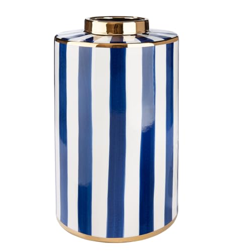 GILDE Elio Vase Ceramic Cylindrical Glazed Striped Blue White Height 40 cm x Diameter 20 cm Felt Gliders and Waterproof Vase