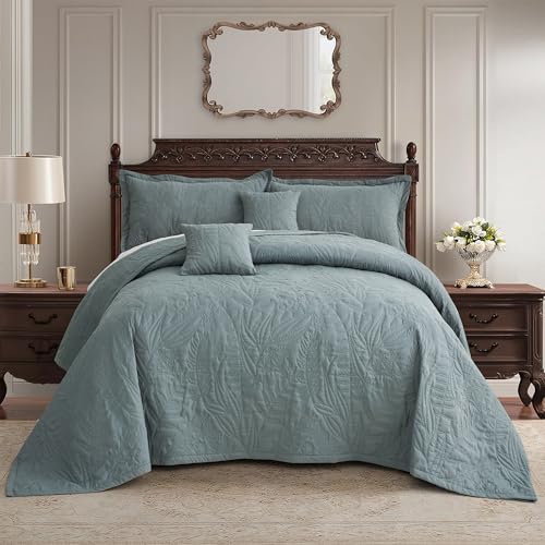 HZ & HY Oversized King Bedspread, Botanical, Grey - Generous Coverage, 5-Piece Quilt Set, Lightweight Reversible Coverlet, Stitched Leaf, King/Cal King