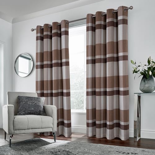 always4u Beige Brown Plaid Curtains Farmhouse Window Curtains Highland Woolen Look Grommet Drapes for Living Room Bedroom 2 Panels 54 * 63 Inches