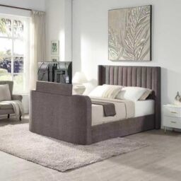 Home Source Riviera TV Ottoman Bed 5ft King Size – Grey Velvet, Side Lift Storage - 200L x 150W x 126H cm - King Bed Frame with USB-C