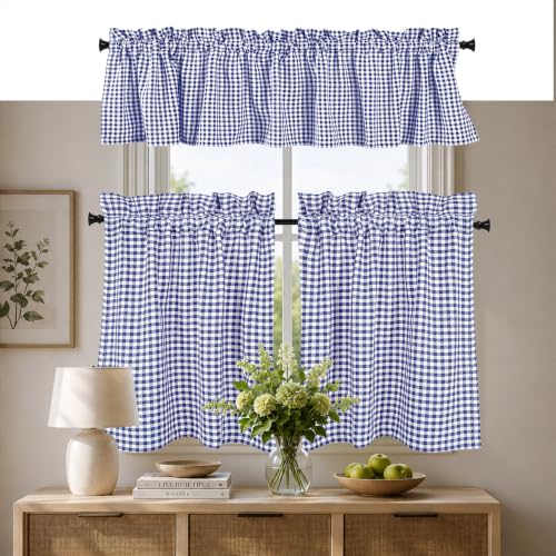 Softopia Cotton 3 Pieces Window Curtain Tiers and Valance Set Cotton, Half Short Window Curtains 2 Tiers & 1 Valance Farmhouse Vintage Curtains for Kitchen Bathroom Living Room- Blue