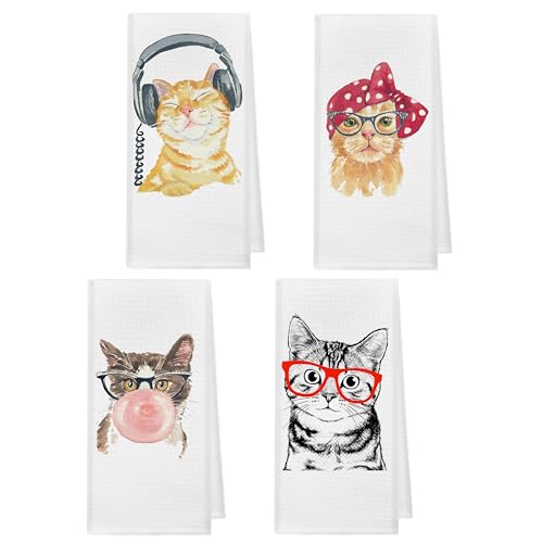 kunlisa Cat Kitchen Towel,Cat Towel,Cat Dish Towel,Cat Gifts for Women,Cat Gifts,Kitchen Towels Decorative Set,Cute Kitchen Towels,Funny Cat Gifts(Set of 4)
