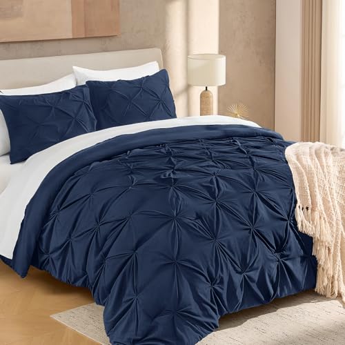 Andency Navy Blue Comforter Set King Size, 3 Pieces All Season Pintuck Decorative Bedding Set, Soft Fluffy Microfiber Bed Set