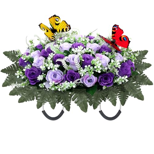 Artificial Cemetery Flowers for Grave,Large Headstone Flower Saddle Realistic Grave Flowers Memorial Silk Rose Flowers with Butterflies for Headstone Grave Decoration Non-Fading Easy Fit (Purple)