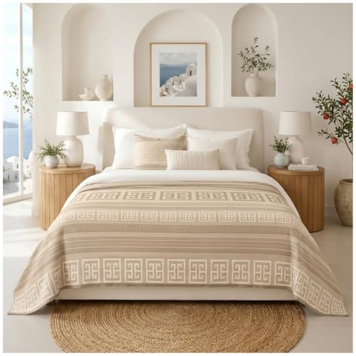 GC GAVENO CAVAILIA Fleece Throw Blanket Greek Border Bed Throw, Natural - Cozy & Warm, Soft Texture Polyester Sherpa Fleece Blanket - Lightweight, Breathable Fluffy Throw For Bed Sofa Couch,150x200cm
