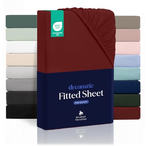 Dreamzie - Fitted Sheet 120 x 200 cm (35 cm) - Ultra Soft Microfibre - Thick Mattress - Oeko-Tex - Comfort, Breathable, Easy Care - Burgundy