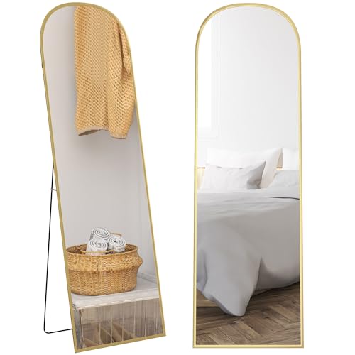 HOMCOM Full Length Mirror, 162x50cm Arched Free Standing Floor Mirror with Aluminium Alloy Frame, Hanging or Leaning for Living Room, Bedroom, Gold Tone Frame