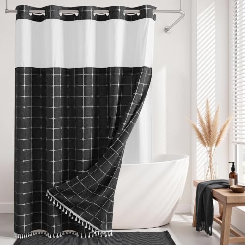 Farmhouse Shower Curtain with Snap-in Liner, No Hooks Needed Fabric Shower Curtains with Tassels for Rustic Bathroom Decor, with Window,with Magnets,Water Repellent&Machine Washable,Black,71x74Inch