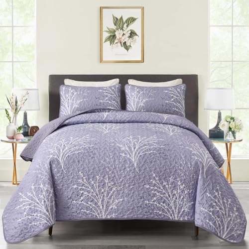 DJY Purple Quilt Set King Size - Branch Botanical Pattern Bedspread Coverlet Set, 3 Pieces Lavender Purple Floral Quilt Bedding Set, Soft Microfiber Summer Quilt for All Season, 110''x90''