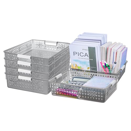 Cetomo Plastic Storage Box, Storage Baskets with Handle, Shelf Basket Organizer with Hole, Open Top Storage Bin for Home Kitchen Office, Clear Black, 6 Pack (34.5 x 24.5 x 8.5 cm)