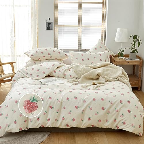 DREAMINGO Cute Strawberry Duvet Cover Twin Kids Girls Bedding Set Kawaii Bedroom Decor Cotton Quilt Cover with Zipper Lightweight 3 Piece Bed Set with 2 Pillow Cases, Cream White