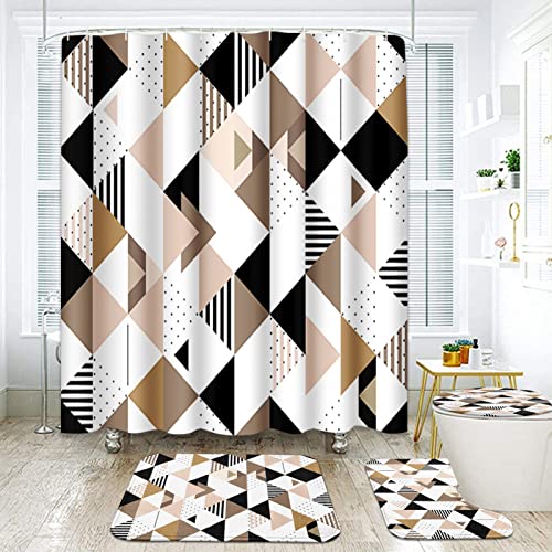"ArtSocket 4 Pcs Shower Curtain Set Beige Grey Abstract Painting Brown with Non-Slip Rugs Toilet Lid Cover and Bath Mat Bathroom Decor Set 72"" x 72"""