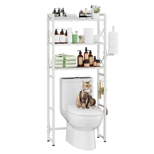 Simple Trending Over The Toilet Storage Rack with Toilet Paper Holder, Heavy Duty Metal 3 Tier Bathroom Organizer Shelf with 3 Hooks, White