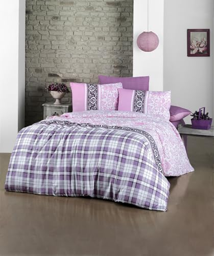 Nuit Des Rêves Single XL Quilt Cover Set (155 x 200 cm), 65% Cotton/35% Polyester, Purple/Pink/White, Machine Washable, 127 Thread Count, Button Closure, Stylish & Cosy Bedding