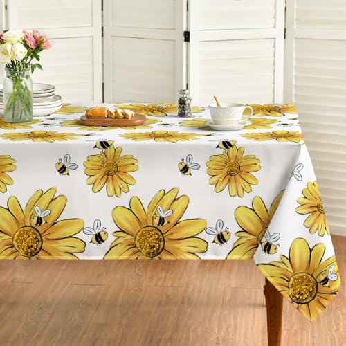 Horaldaily Summer Tablecloth 60??84 Inch, Yellow Sunflower Bumble Bee White Fall Washable Table Cover for Party Picnic Dinner Decor