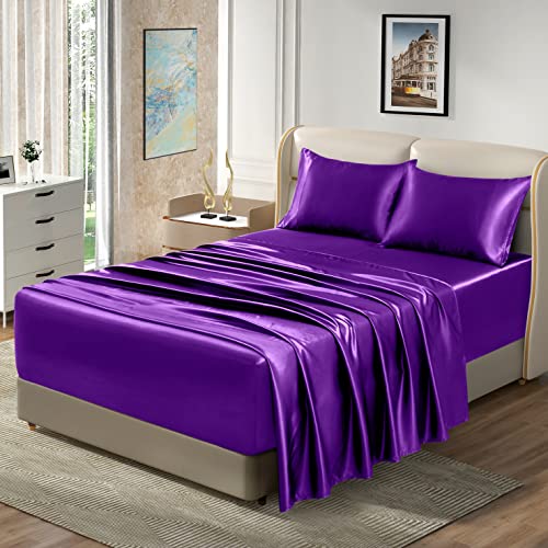 Homiest Queen Purple Extra Deep Pocket Satin Sheets, 4-Piece - 18-24 Inch Pocket Depth, Silky Soft for Hair And Skin, Wrinkle And Fade Resistant, Machine Washable, Elegant Glossy Finish