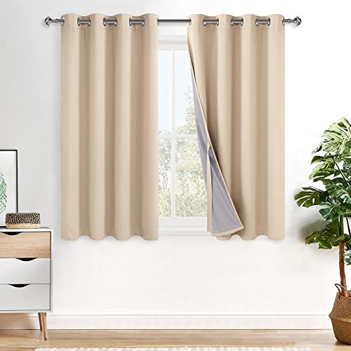 XWZO 100% Blackout Curtain Panels - Double Layer Full Room Darkening & Energy Efficiency Grommet Window Panels with Tiebacks for Bedroom/Living Room, Biscotti Beige, W52 x L45, Set of 2