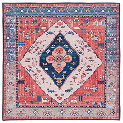 Safavieh Traditional Rug Ideal for High Traffic Areas - Machine Washable and Non Slip - Tucson Collection, Short Pile, in Rust and Blue, 183 X 183 cm