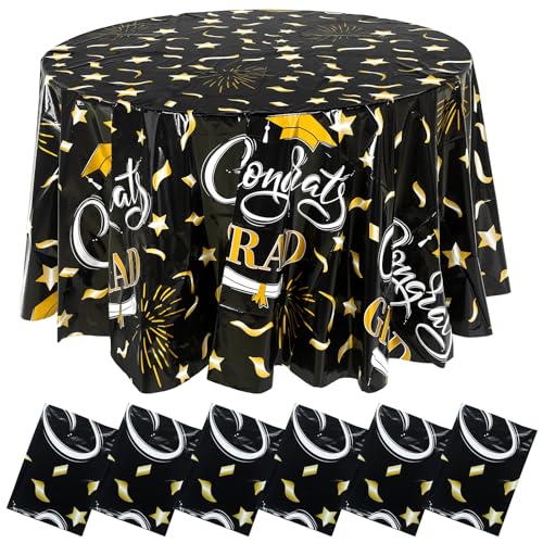 Honeydak 6 Pcs 84 Inch Graduation Party Tablecloths Disposable Plastic Round Tablecloths Congrats Gard Theme Pattern Waterproof Tablecovers for Graduation Birthday Party Table Kitchen (Black Gold)