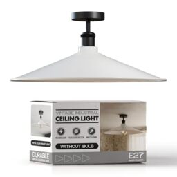 LEDSone E27 Vintage White Semi Flush Mount Ceiling Light with 40cm Flat Shade Easy Fit Premium Quality Anti Rust Durable Metal Ceiling Lighting Fixtures for Kitchen Bedroom EPCA+