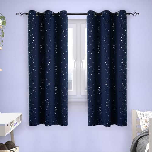 BGment Kids Blackout Curtains for Bedroom - Grommet Thermal Insulated Silver Star Print Room Darkening Curtains for Kids Room, Set of 2 Panels, 38 x 63 Inch, Navy Blue