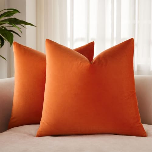 JUSPURBET Pack of 2 Velvet Decorative Pillow Covers for Living Room, Couch, Sofa, Bedroom, Solid, Soft, with Concealed Zipper, 71.1 x 71.1 cm, Burnt Orange
