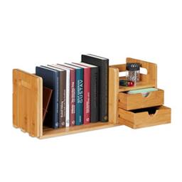 relaxdays Desk Organizer Bamboo, 2 Drawers, Pull-out Bookshelf, Shelf Tabletop Organiser, HxWxD: 21 x 80.5 x 19 cm, Natural