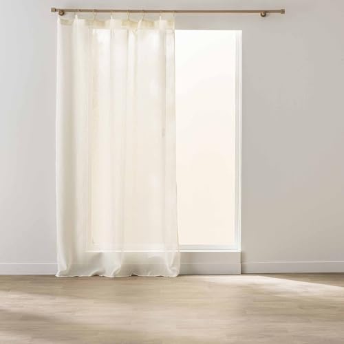 Douceur d'Intérieur, Sunline Net Curtain with Rings (140 x 240 cm) White/Gold, Woven Metallic Thread